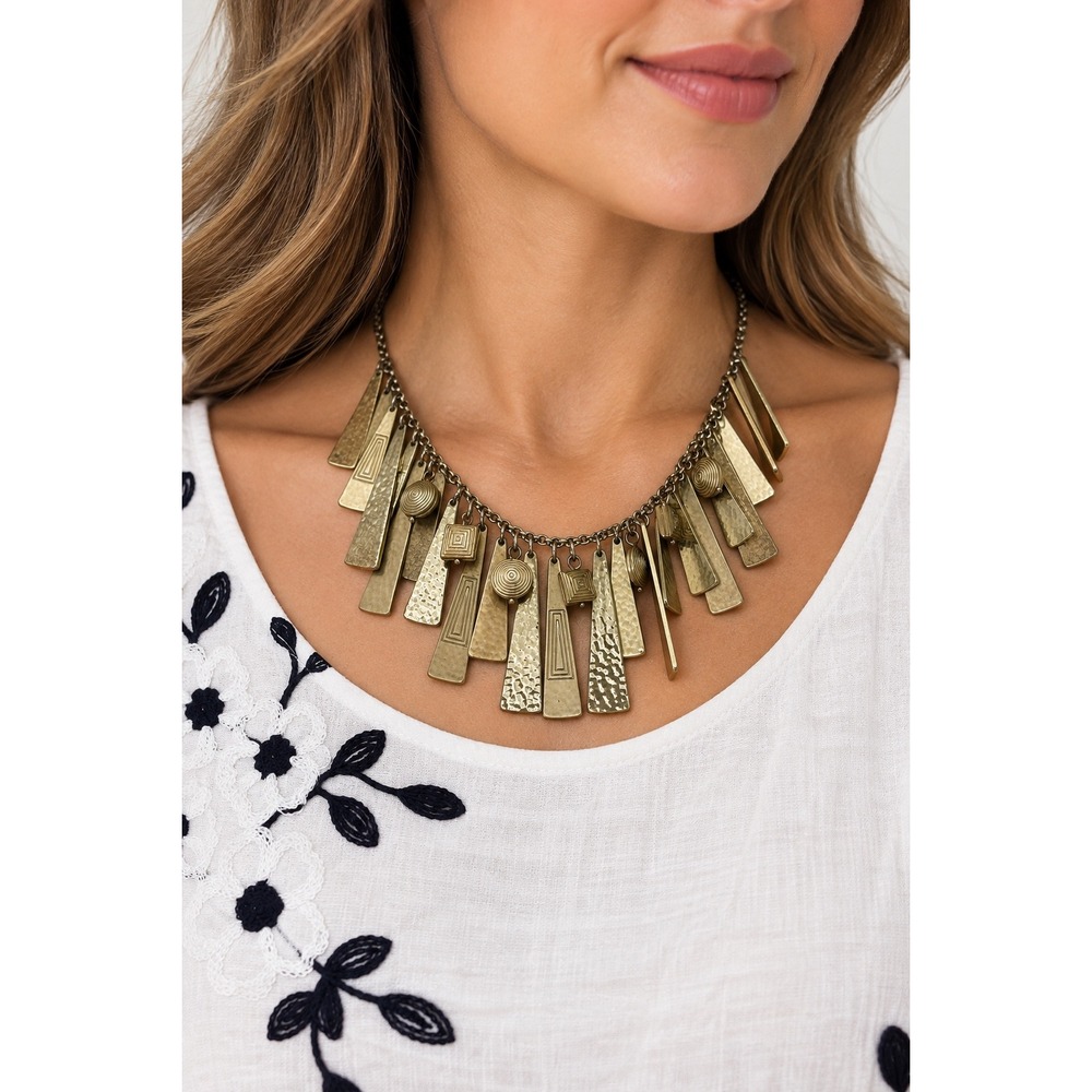 Chico's Statement Necklace Gold Tone Hammered Geometric Fringe Tribal Boho